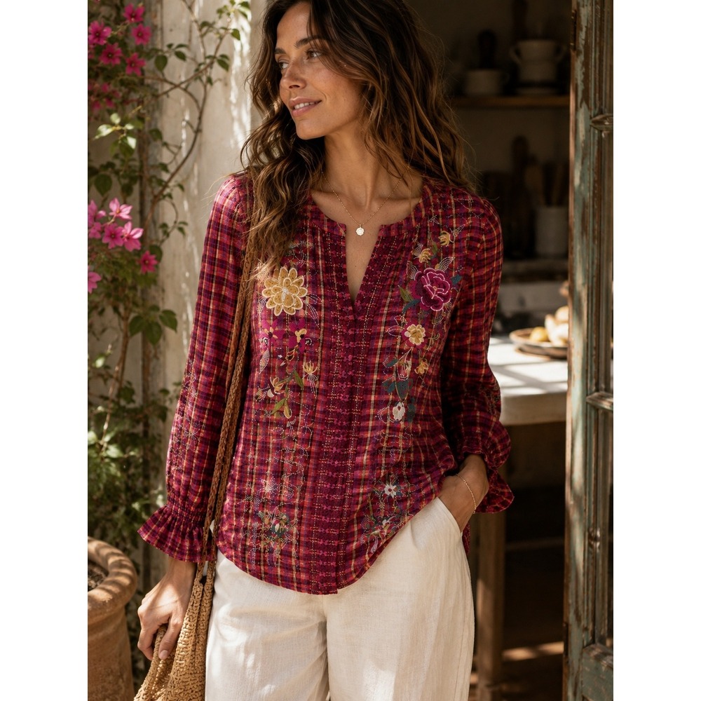 Johnny Was Lani Embroidered Plaid Popover Boho Victorian Floral Top‎ L